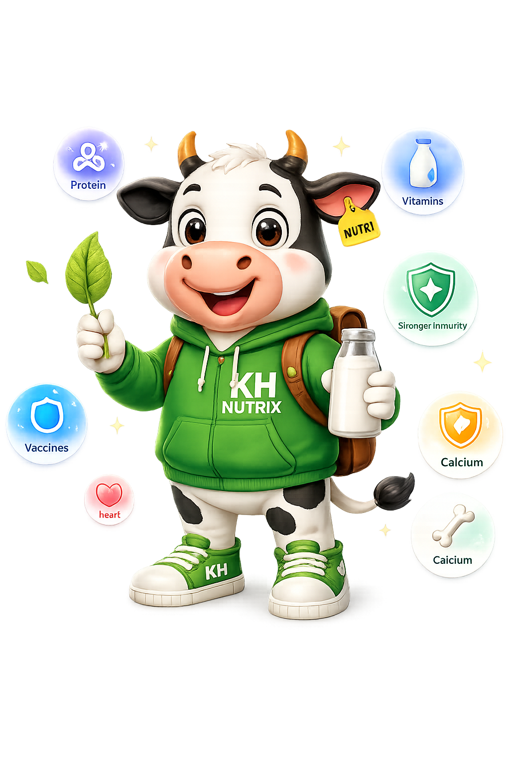 Nutrix, the KH Nutrix mascot, holding a leaf and a bottle of milk